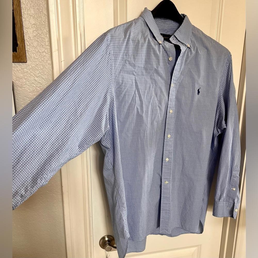 Ralph Lauren men's dress shirt. 18/34-35. 100% cotton. Long sleeves. Blue print‎